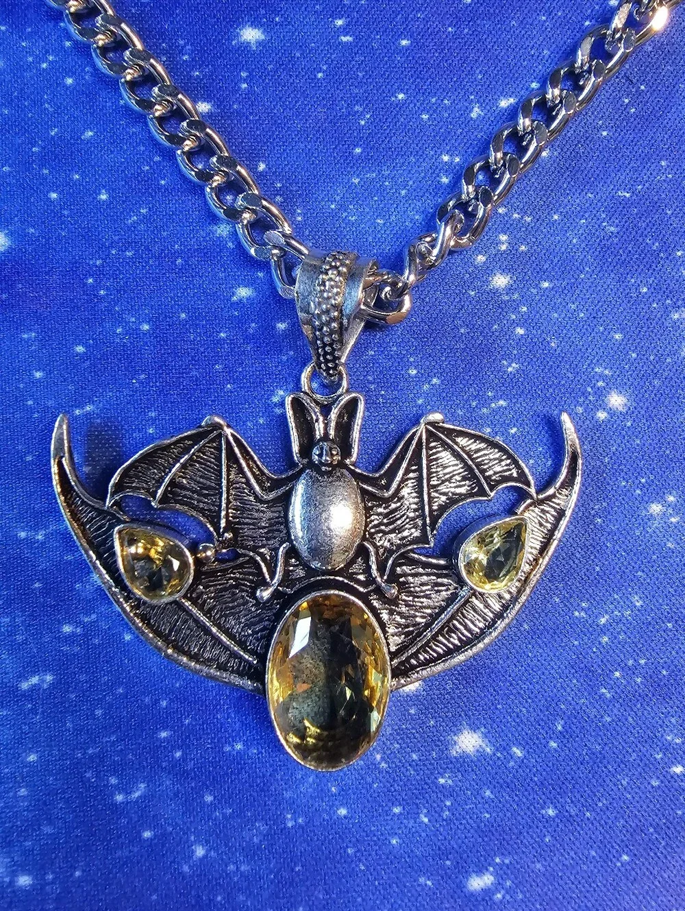 Bat Pendant Necklace with Amber Colored Crystals